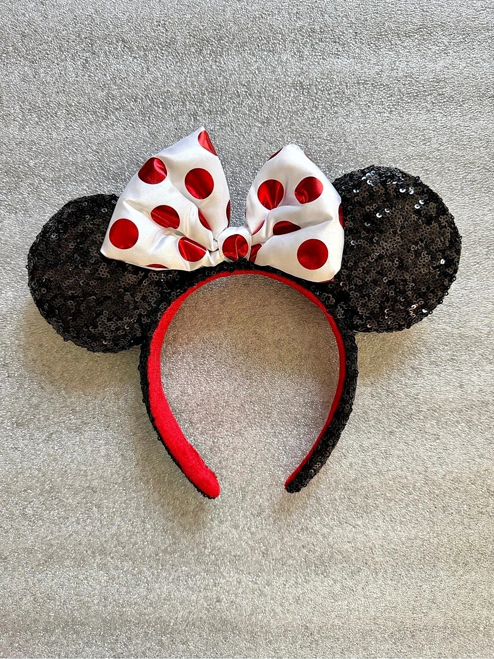 Disney Minnie Mouse Black Sequin Ears Headband with White and Red Polka Dot Bow